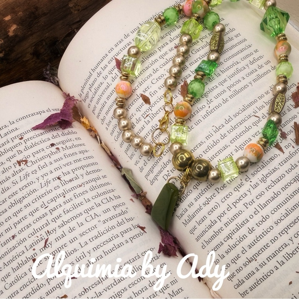 Apple Green jasper pendant and Gold Necklace With iridescent green shell pendant